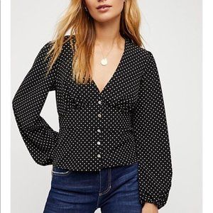 Free People Love Street Black White Polka Dot Top, Large